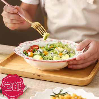 Free Shipping Soup Plate Ceramic Plate Underglaze Color Small Floral 9inch Flower-Shaped Soup Bowl High Temperature Resistant Household Fruit Salad Plate