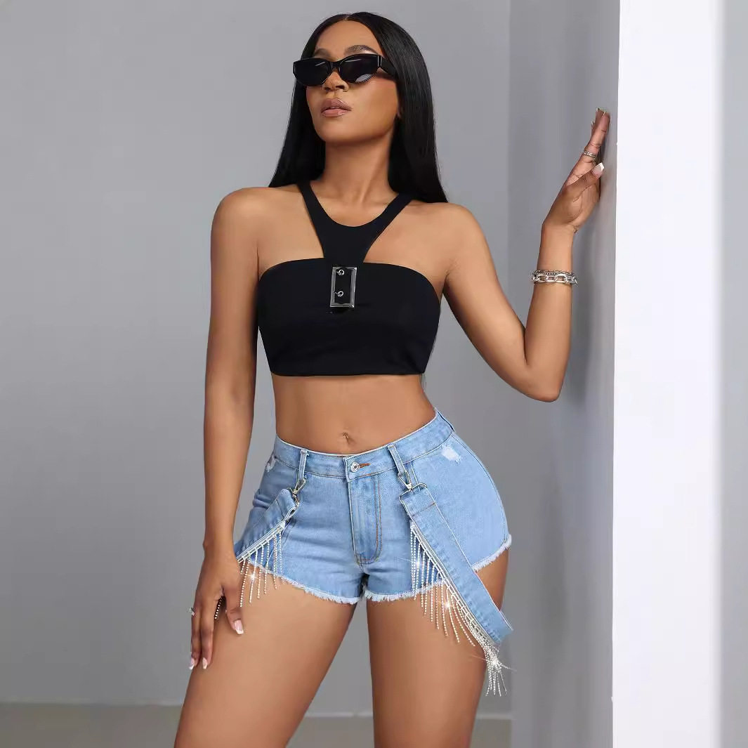 Frayed Denim Shorts Slim Fit Tassel Tie High Waist Casual Summer Wear Wholesale Available customizable