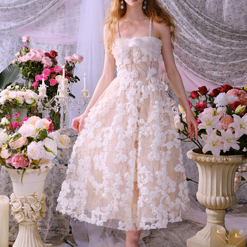 Đầm công chúa midi tay loe ren hoa 3D thắt eo — Màu như ảnh chi tiết 4