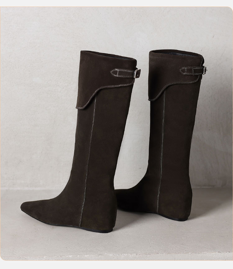Boot nữ cổ cao da lộn mũi vuông đế xuồng tôn chiều cao — Màu nâu, xanh xám