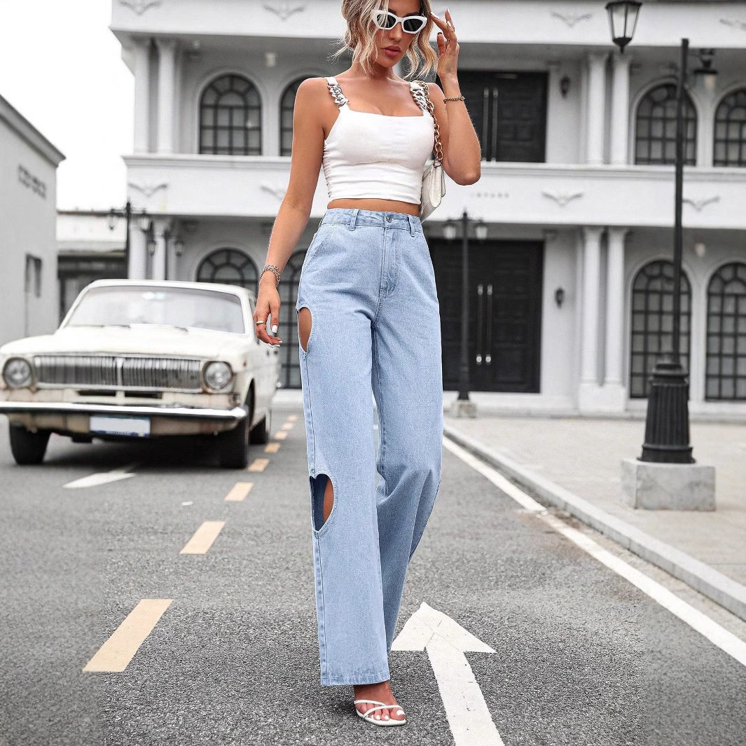 High Waisted Wide Leg Jeans Vintage Style Distressed Design Loose Fit Casual Wear for Women Wholesale Available
