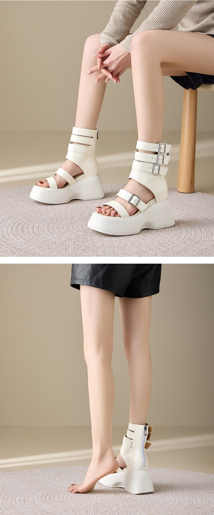 Sandal cao gót nữ hở mũi quai ngang đế dày 8 cm phong cách La Mã da bò mềm — [Trắng kem], [Đen] chi tiết 4