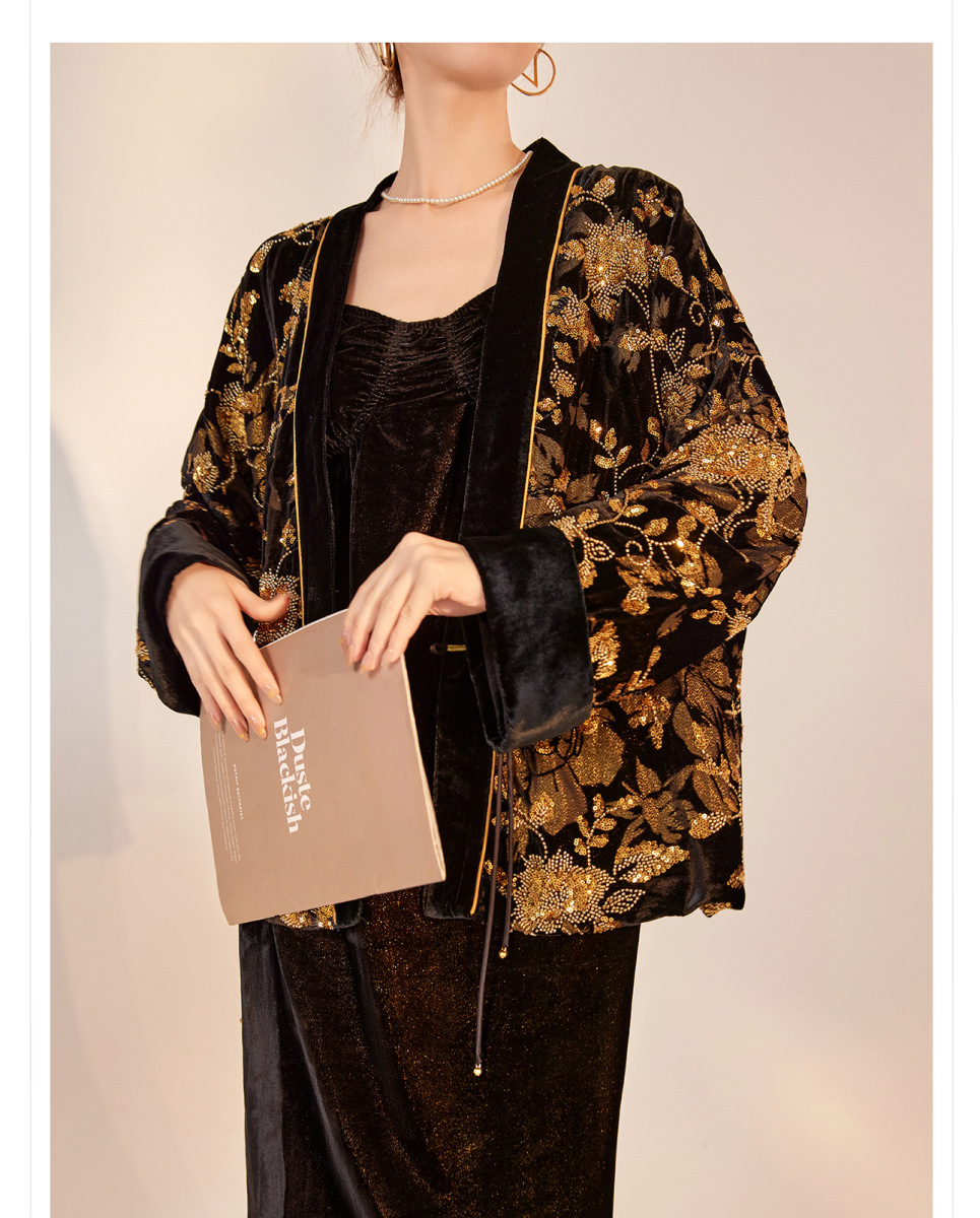Áo cardigan nữ cổ chữ V dài tay thêu hoa đính cườm chất lụa tơ tằm cao cấp — Obsidian Black (Giao hàng trong 7 ngày)