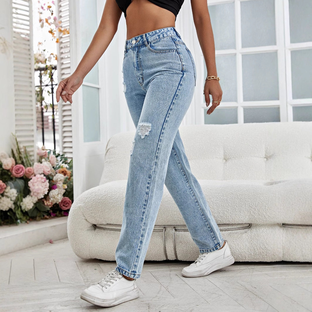 Casual Distressed Straight Leg Jeans for Women Versatile Style Comfortable Fit Trendy Design Wholesale Available