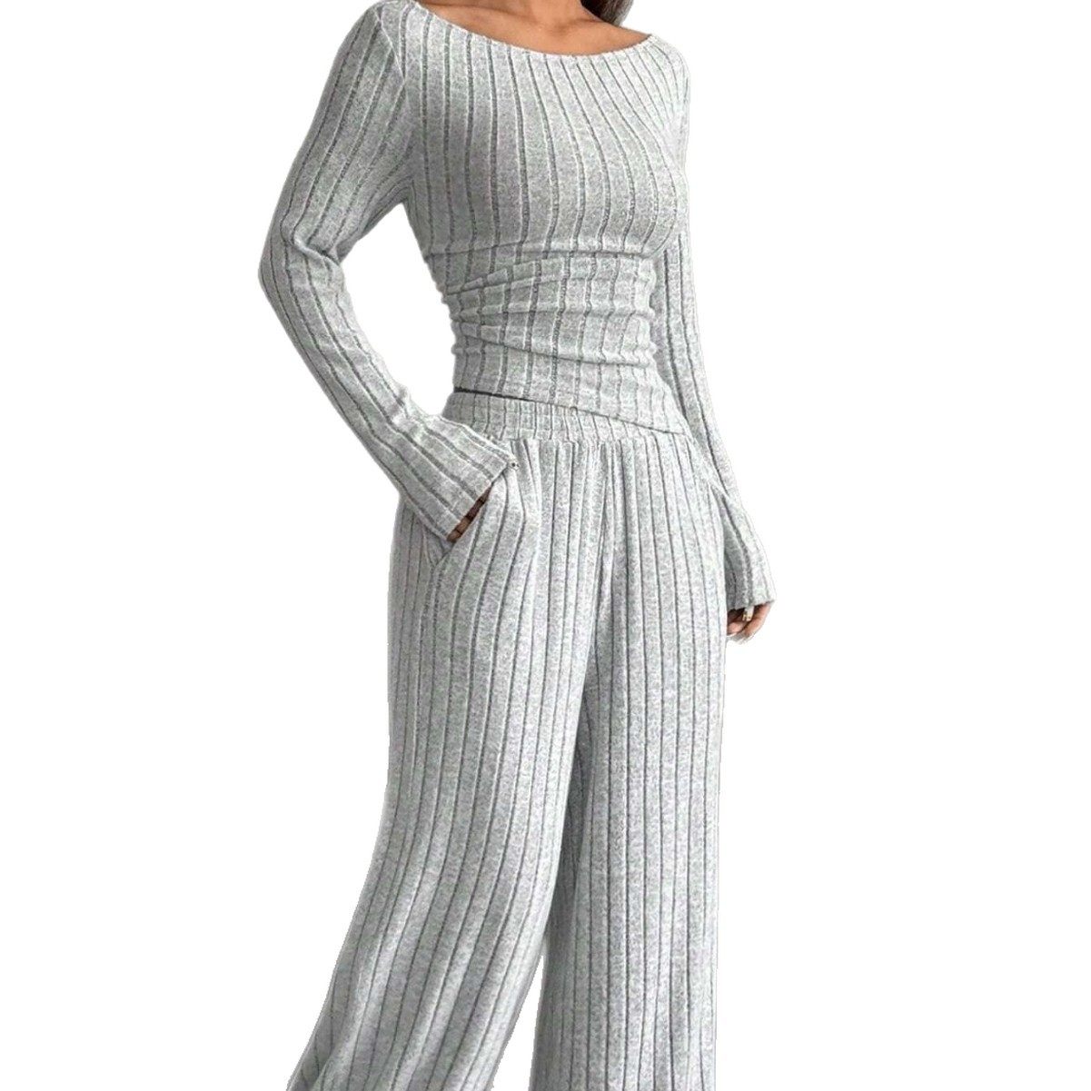 European and American Cross-Border Export 2025 Autumn and Winter Casual Pure Color High-Neck Knitted Long-Sleeved Side-Waist Loose Pants Two-Piece Set