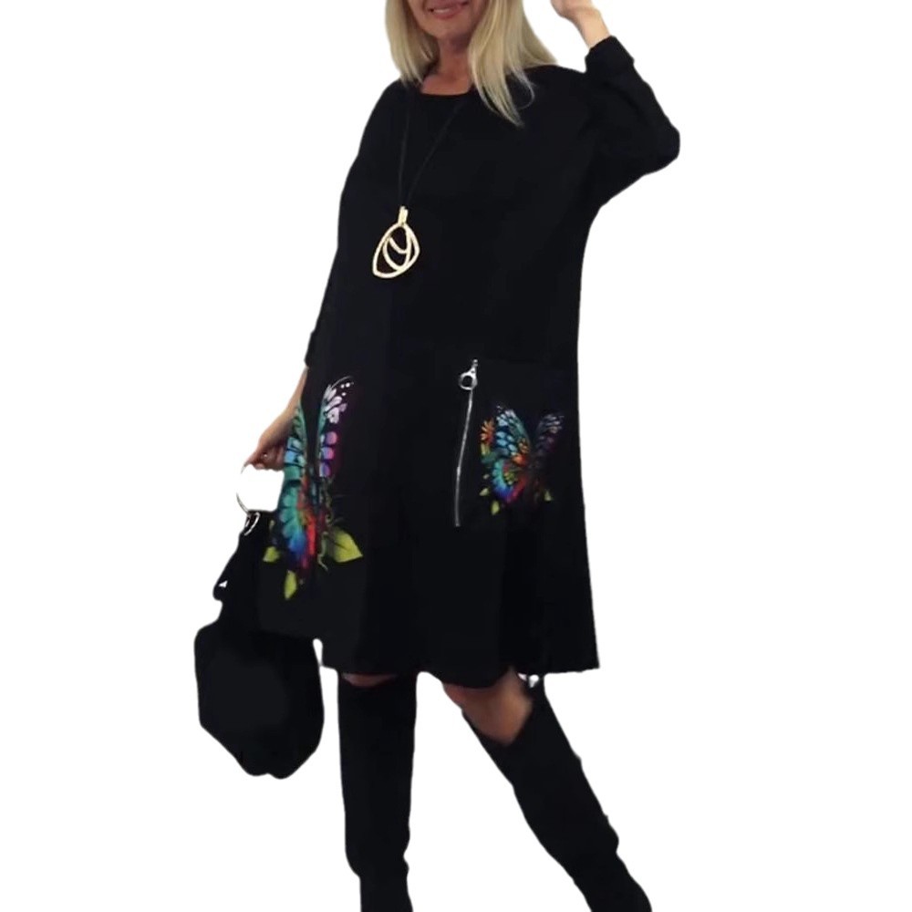 Long Sleeve Butterfly Print Pocket Dress Round Neck Casual Style Autumn Winter Collection Wholesale Available