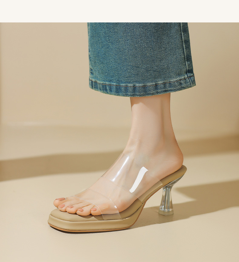 Dép sandal nữ quai ngang trong suốt gót pha lê 7cm 9cm — Bạc 7cm, Bạc 9cm, Màu trắng nhạt 9cm, Mơ 7cm