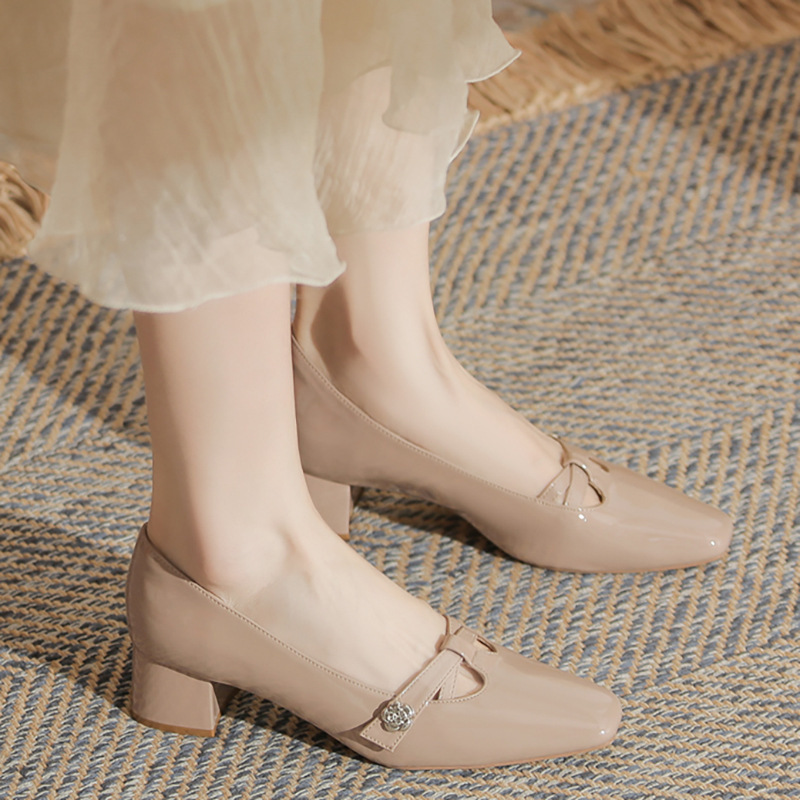 Giày cao gót nữ mũi vuông gót thô 4.3cm phong cách thanh lịch — màu đen, Màu nude, Màu trắng