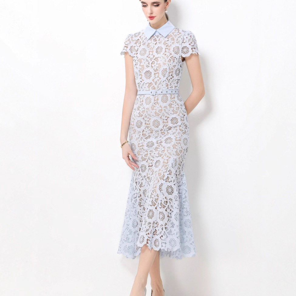 Elegant Lace Midi Dress Flattering Fit Hollow out Design Short Sleeves Perfect for Autumn Events Wholesale Available