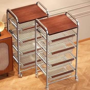 Middle Ancient Cart Living Room Snack Storage Rack Floor-Standing Movable Kitchen Fruit and Vegetable Rack Multi-Layer Household Storage Cabinet