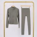 Sage green gold zipper jacket and cropped pants suit