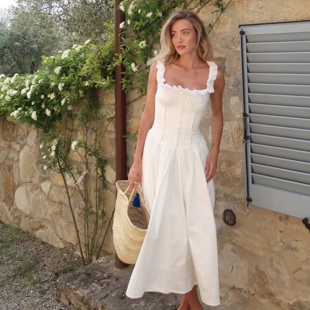 Elegant French Style Summer Dress for Women Square Neck Ruffled Hem Slim Fit Adjustable Straps Perfect for Parties