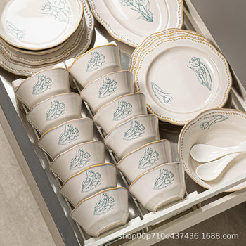 Dishes and Plates Set for Home Use 2025 New French-Style Ceramic Tableware for Housewarming, Newlyweds, Bowls, Plates, Chopsticks, Wedding Gift
