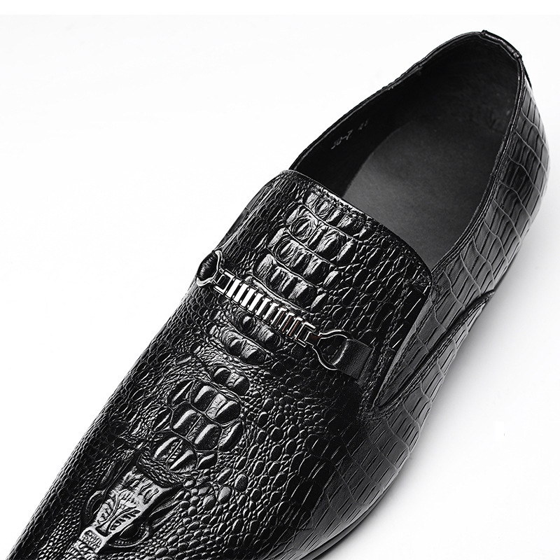Giày lười nam mũi nhọn da bò thật dập nổi, giày slip-on công sở — Màu đen, Màu đỏ rượu