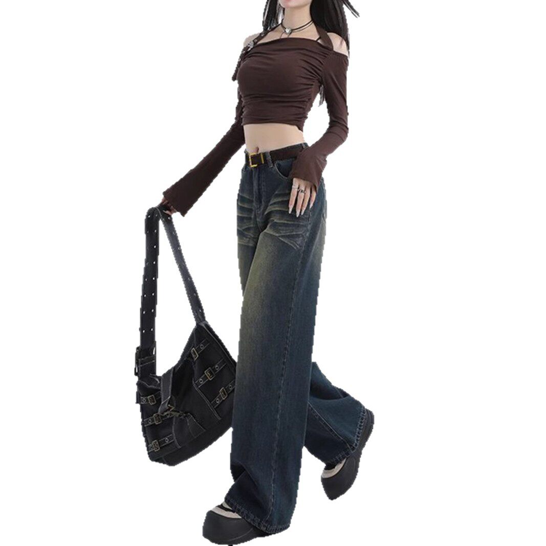 Vintage Style Wide Leg Jeans for Women Retro Fashion Casual Fit High Waist Denim Fabric Perfect for Everyday Wear