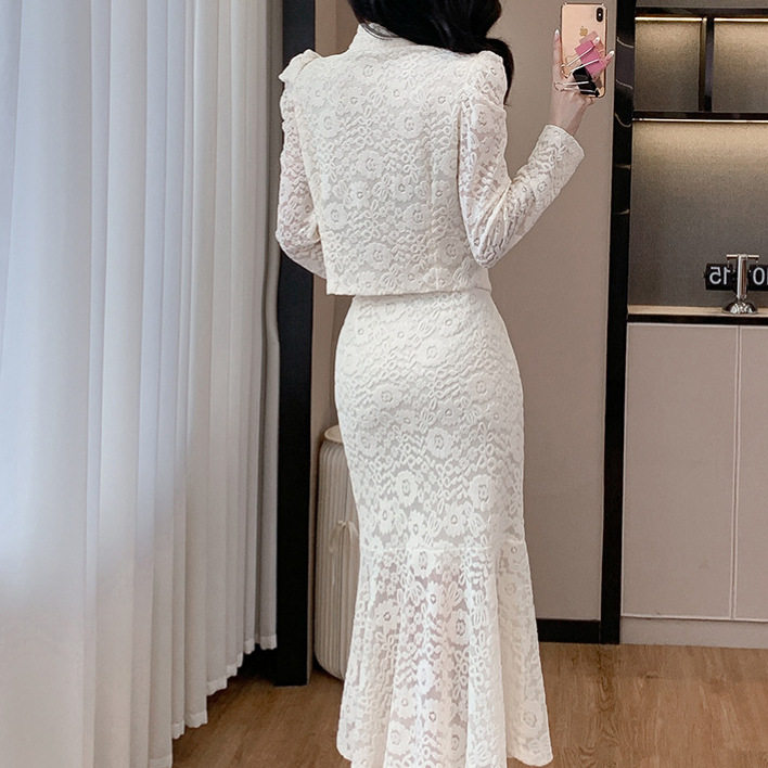 French Style Elegant Lace Top with Stand Collar and Puff Sleeves High Waist Mermaid Skirt Set Chic Two Piece Outfit for