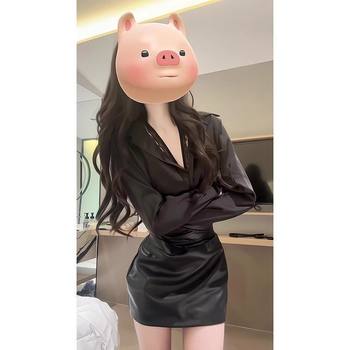 Hot Girl Pure Desire Suit Women's Autum High-End Elegant Lapel Long-Sleeved Shirt Waist-Covering Hip Pu Leather Skirt Two-Piece Set