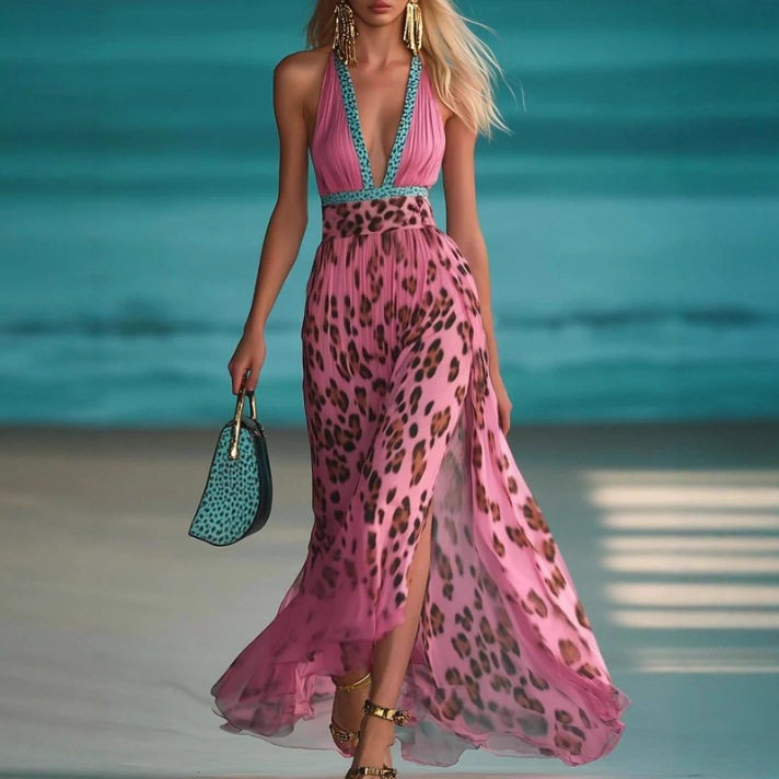 Womens Leopard Print Deep V Neck Sleeveless Split Dress Trendy Autumn Style Perfect for Parties and Events Wholesale