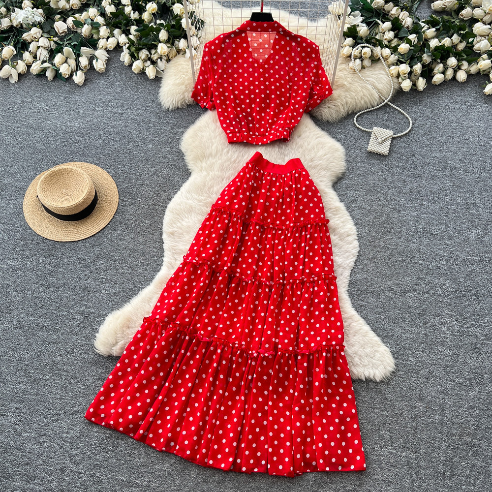 French Style Red Polka Dot Two Piece Set High Waist Slim Fit Elegant Design Spring and Autumn Office Wear Wholesale