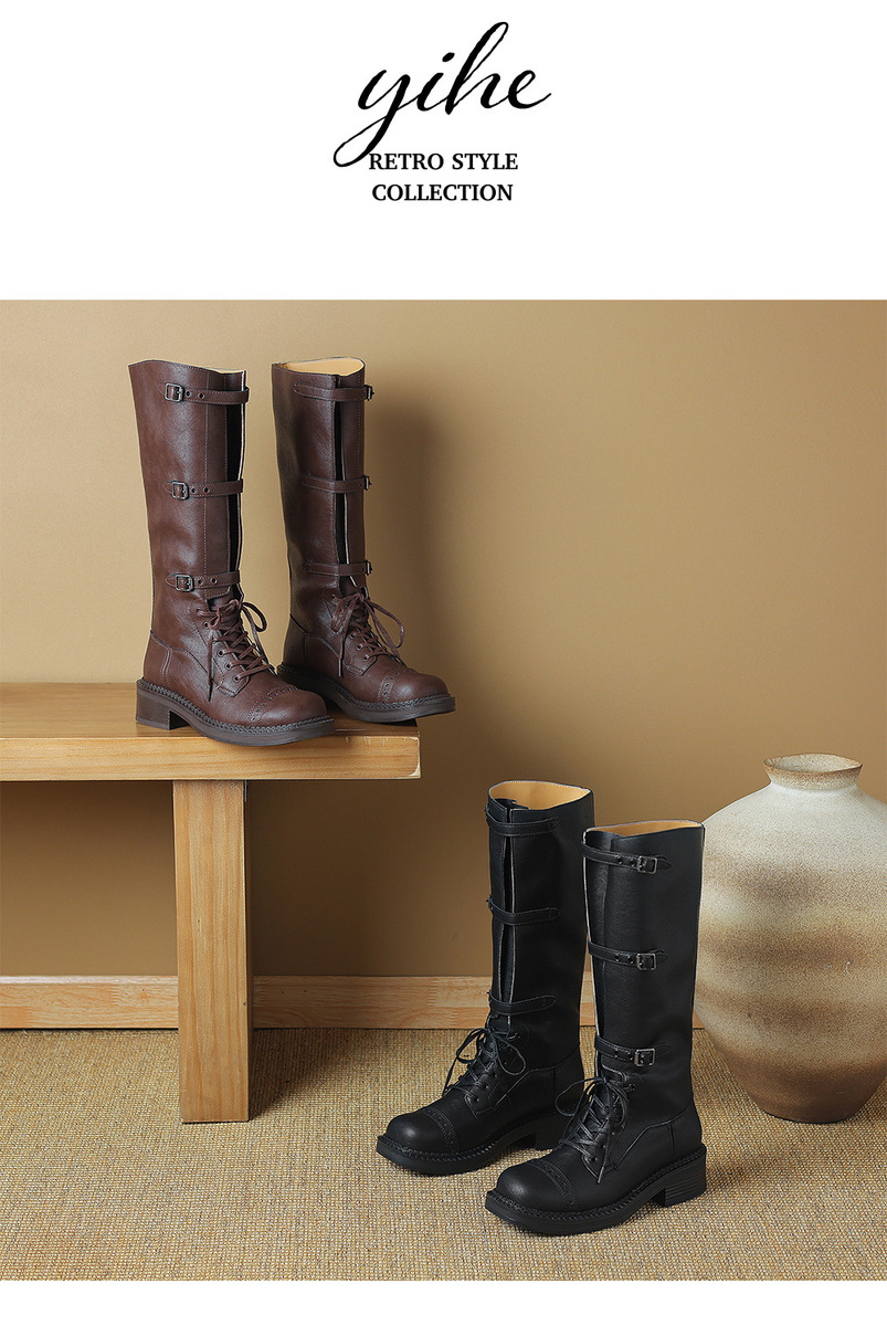 Boot nữ cổ cao da bò buộc dây khóa thắt lưng gót thô — Màu đen lót một lớp, Màu đen lót nhung, Màu nâu lót một lớp, Màu nâu lót nhung