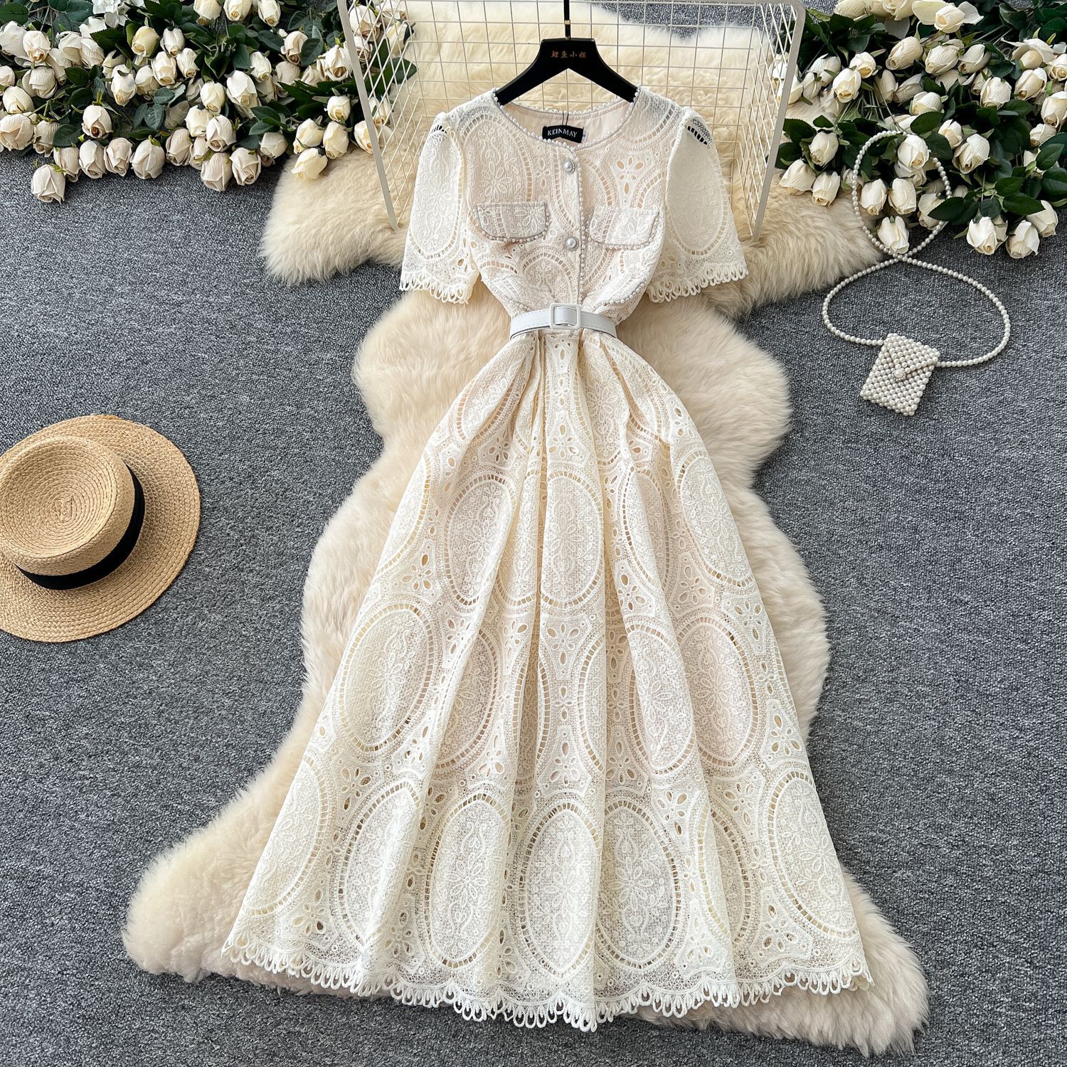 French Elegant Beaded Lace Dress Round Neck Short Sleeve Waist Tie Hollow Out Design Perfect for Parties and