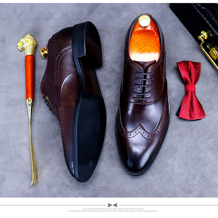 Giày da nam derby mũi tròn chạm khắc brogue cổ thấp buộc dây — Màu nâu, Màu đen, Màu đỏ rượu, Màu cà phê