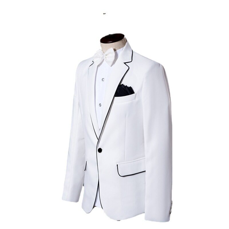 男士写真拍照西服套装礼服舞台演出服主持歌手年会服装白色镶黑边