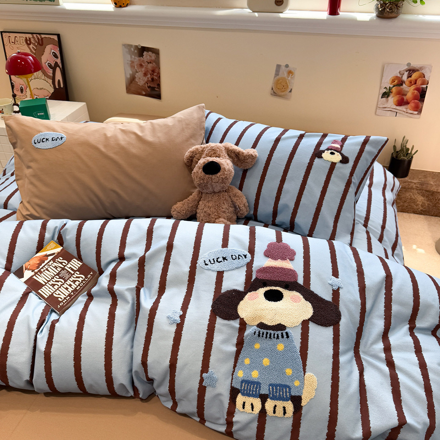 Autumn and Winter Thickeneded Brushed Cotton Bed Four-Piece Set Pure Cotton Cartoon Kidsren's Towel Embroidered Quilt Cover Bed Bed Sheets Three-Piece Set