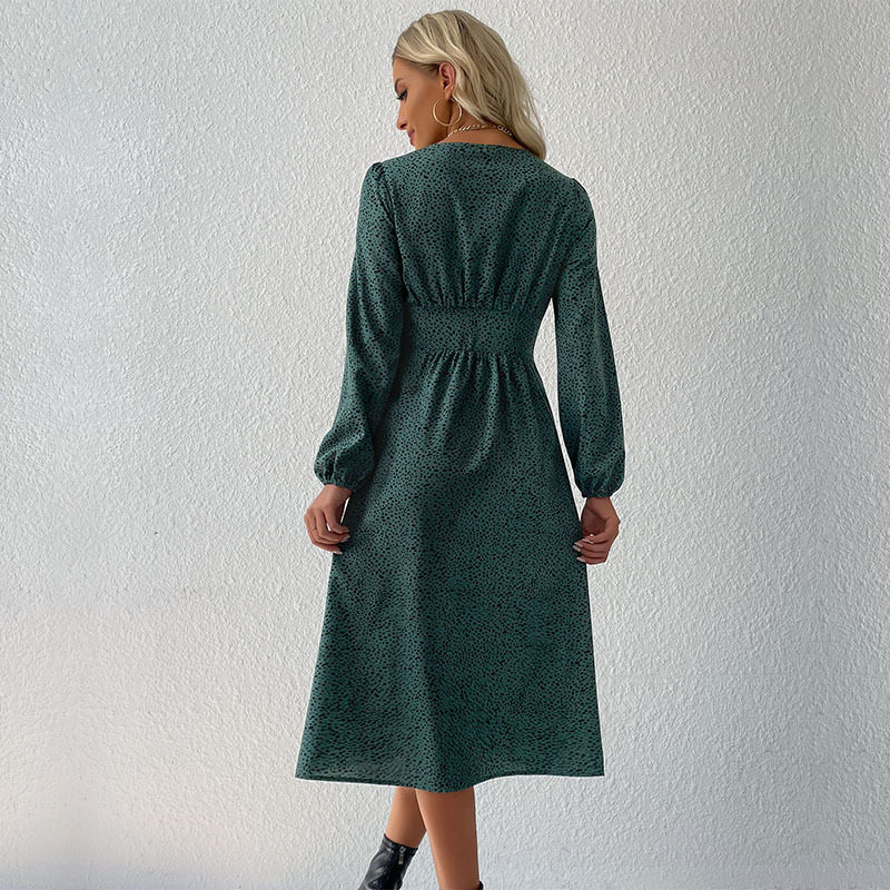 Fashionable Womens Long Sleeve Dress V Neck Single Breasted Elegant Design Autumn Wear Wholesale Available
