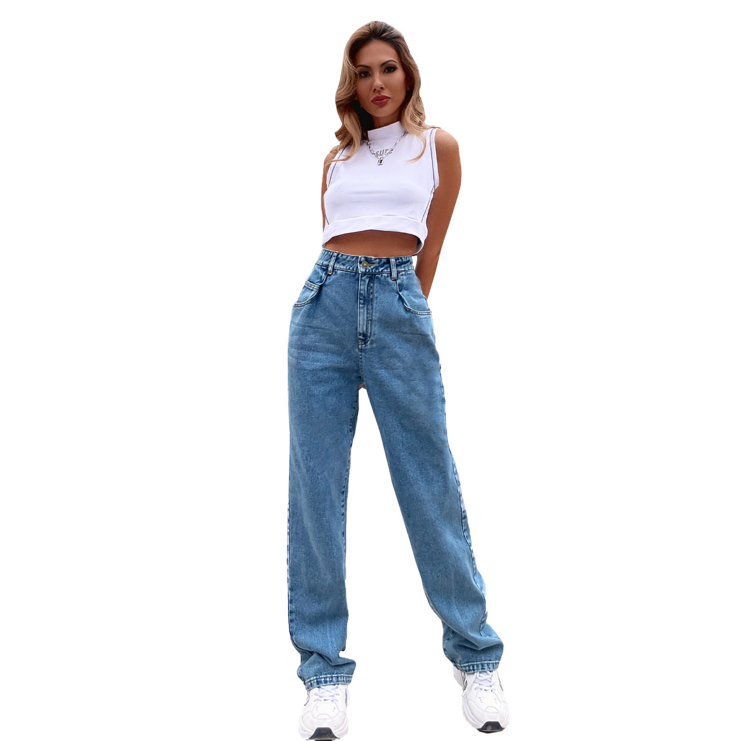 High Waisted Straight Leg Jeans Floor Length Slim Fit Comfortable Denim Casual Wear for Women Wholesale Available