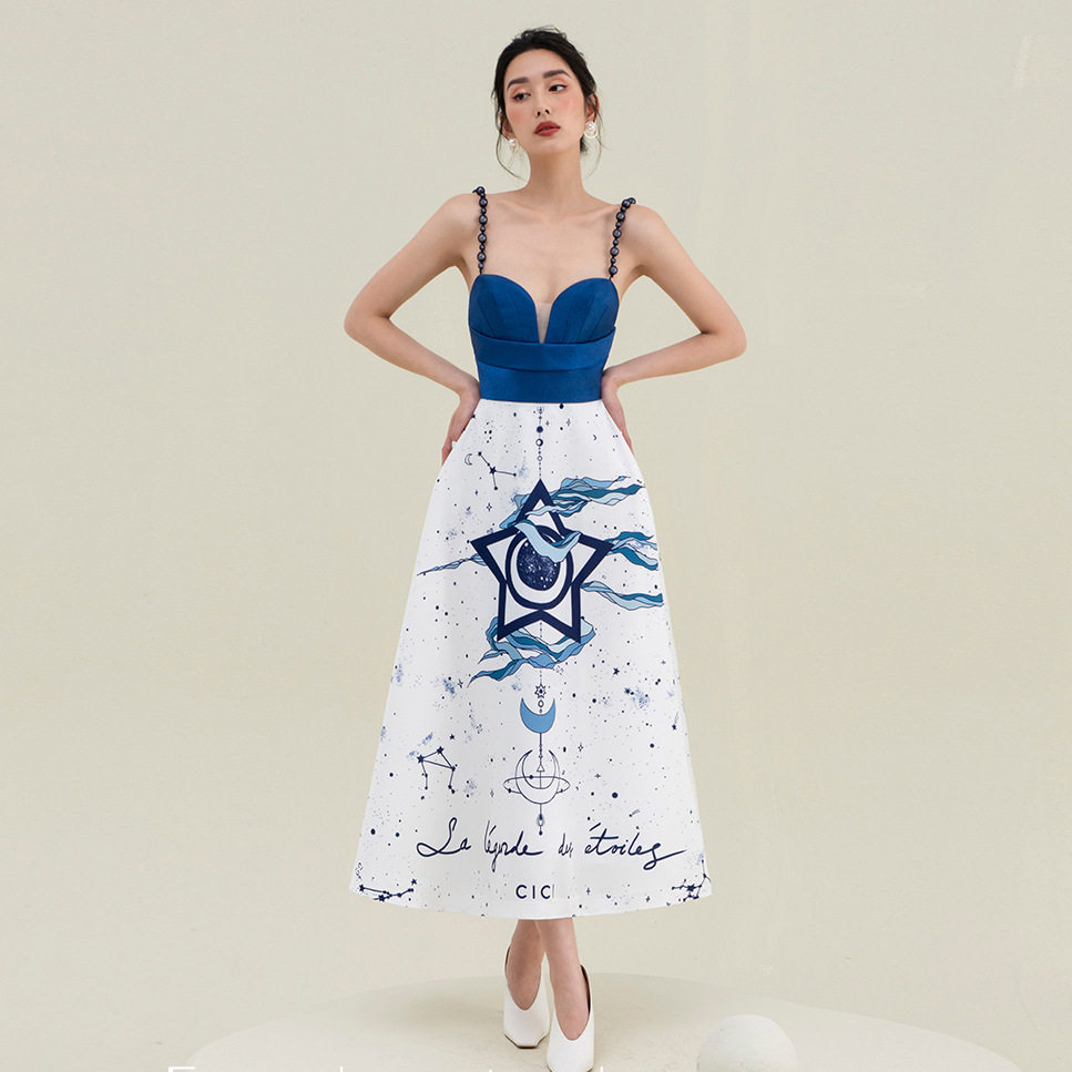 Đầm maxi nữ thắt eo in họa tiết cổ V không tay — Màu như ảnh