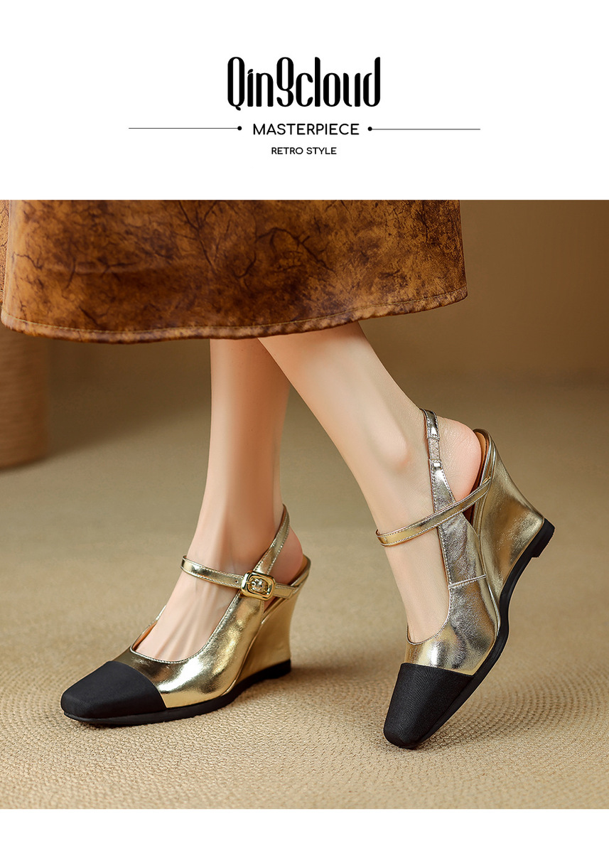 Sandal nữ mũi vuông bít mũi hở gót gót xuồng quai ngang — Màu bạc, màu vàng kim