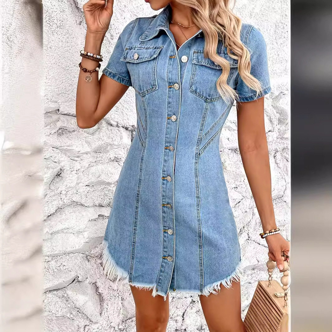 Vintage Denim Dress Slim Fit Short Sleeve Waist Cinching Design Perfect for Casual Outings Wholesale Available