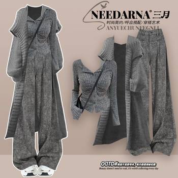Winter Suit for Women 2025 New Style Lazy Style Twist Knitted Cardigan with Sweater and Slimming Look Wide-Leg Pants Three-Piece Set