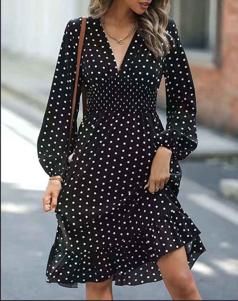 Polka Dot V Neck Dress Waist Defining Elegant Spring Summer Fall Style Wholesale Available customizable