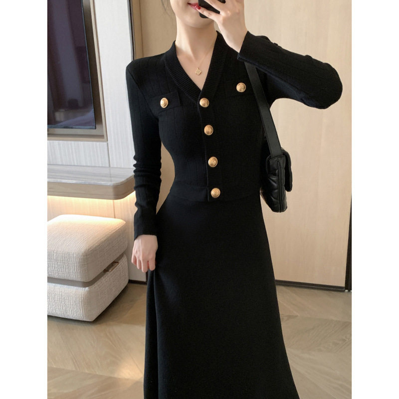 7714 Tweed Style Fashionable and Simple Knitted Suit Autumn New French Waist Slimming Look Elegant Long Skirt Two-Piece Set