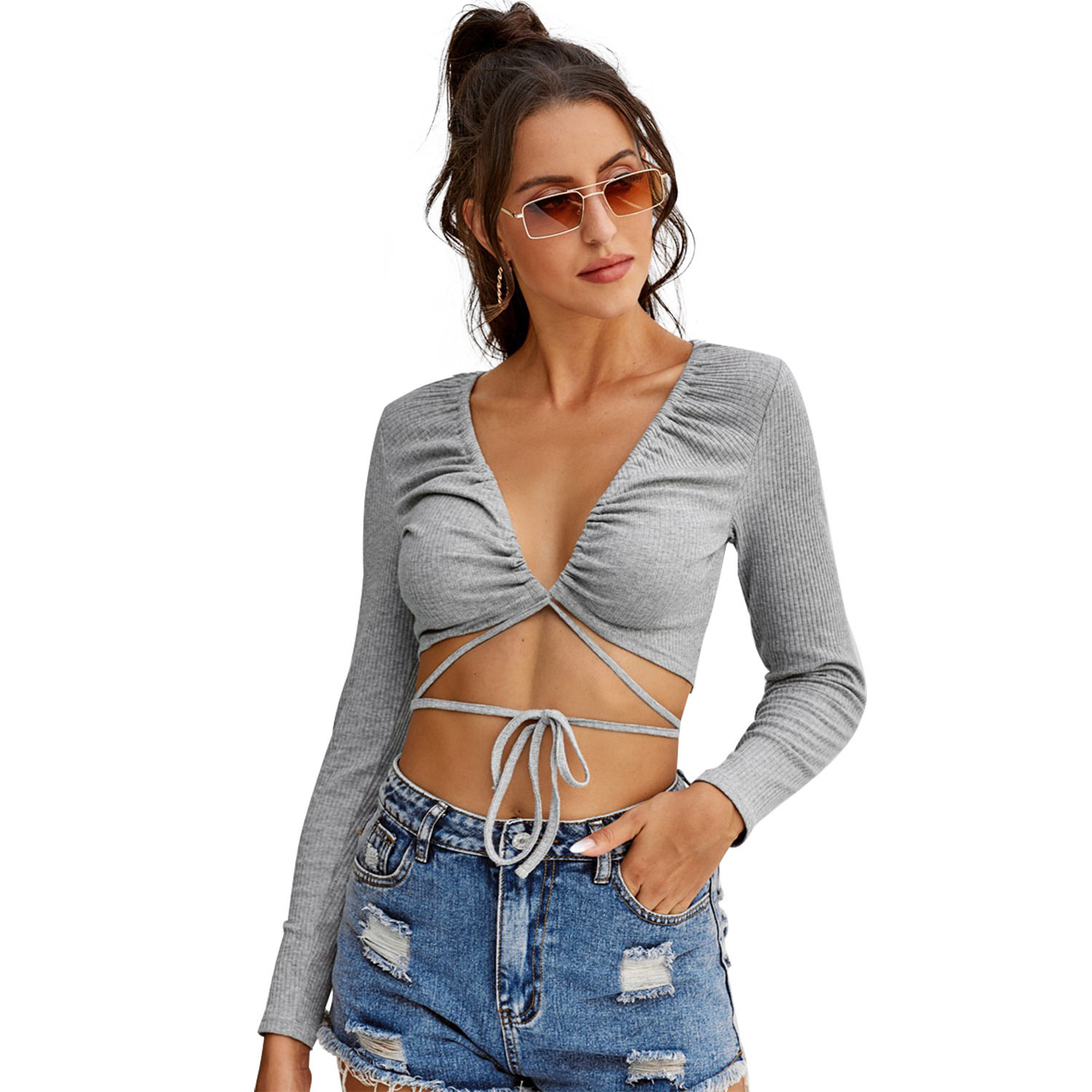 Casual Womens T Shirt Slim Fit Sexy V Neck Drawstring Design Trendy Everyday Wear Wholesale Available