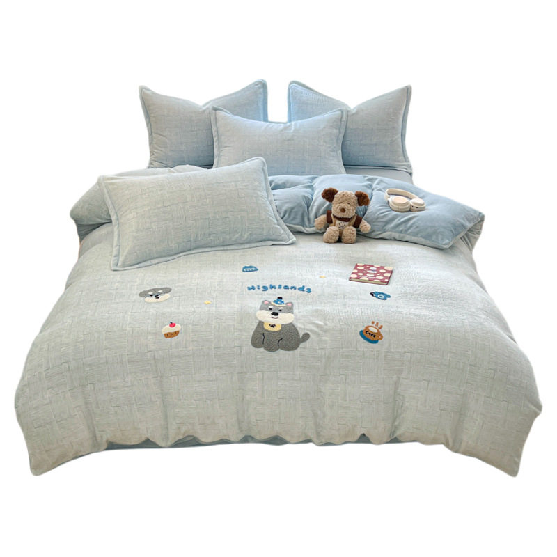 Cartoon Milk Velvet Bed Four-Piece Set 2025 New Winter Thickeneded Coral Velvet Bedding Bed Sheetss and Quilt Cover Three-Piece Set