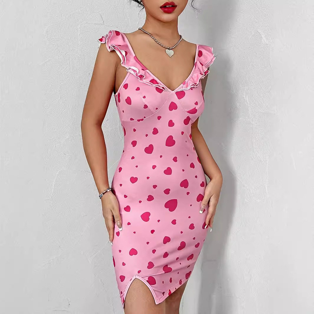 Floral Print Sleeveless Dress Elegant Ruffle Design Sexy Silhouette Perfect for Summer Events Ready to Ship