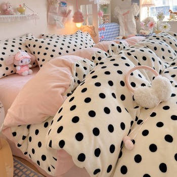 Winter Girly Heart Polka Dot Milk Velvet Four-Piece Coral Velvet Bed Bed Sheets Double-Sided Fleece-Lined Quilt Cover Dormitory Bed Three-Piece Set