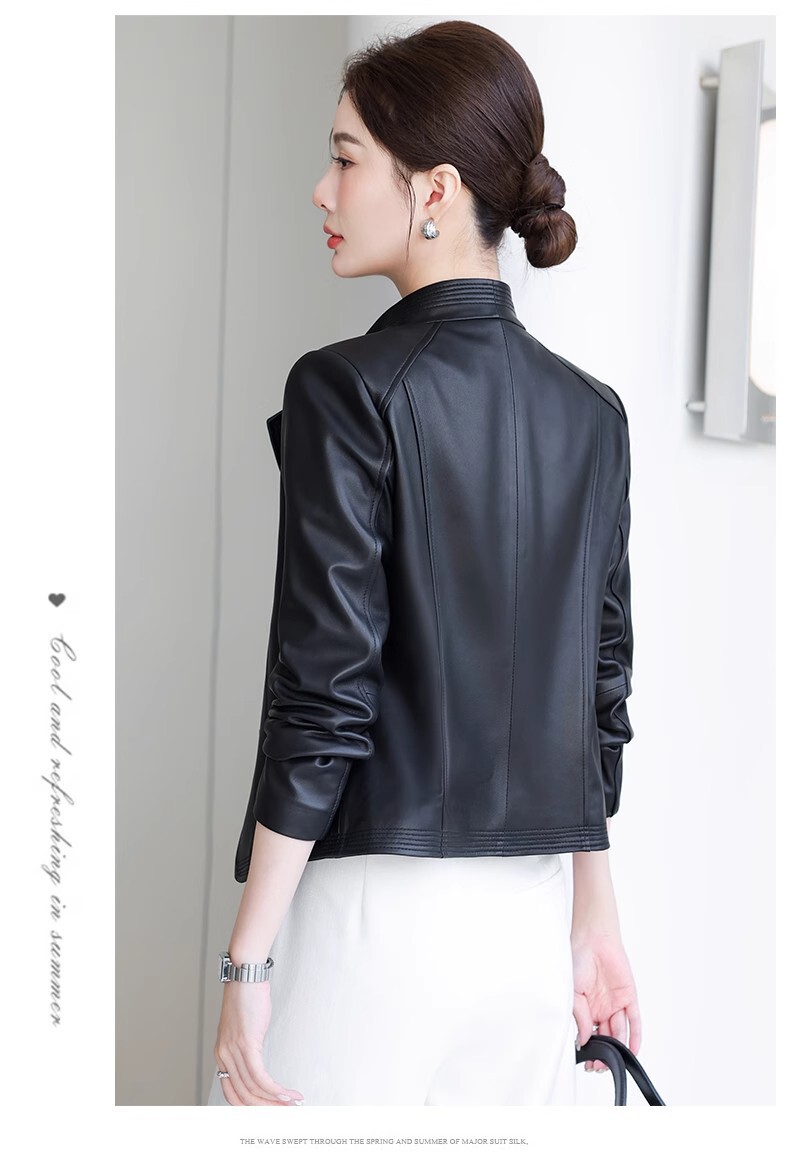 Áo khoác da cừu nữ dáng ngắn cổ đứng ôm body — Màu đen