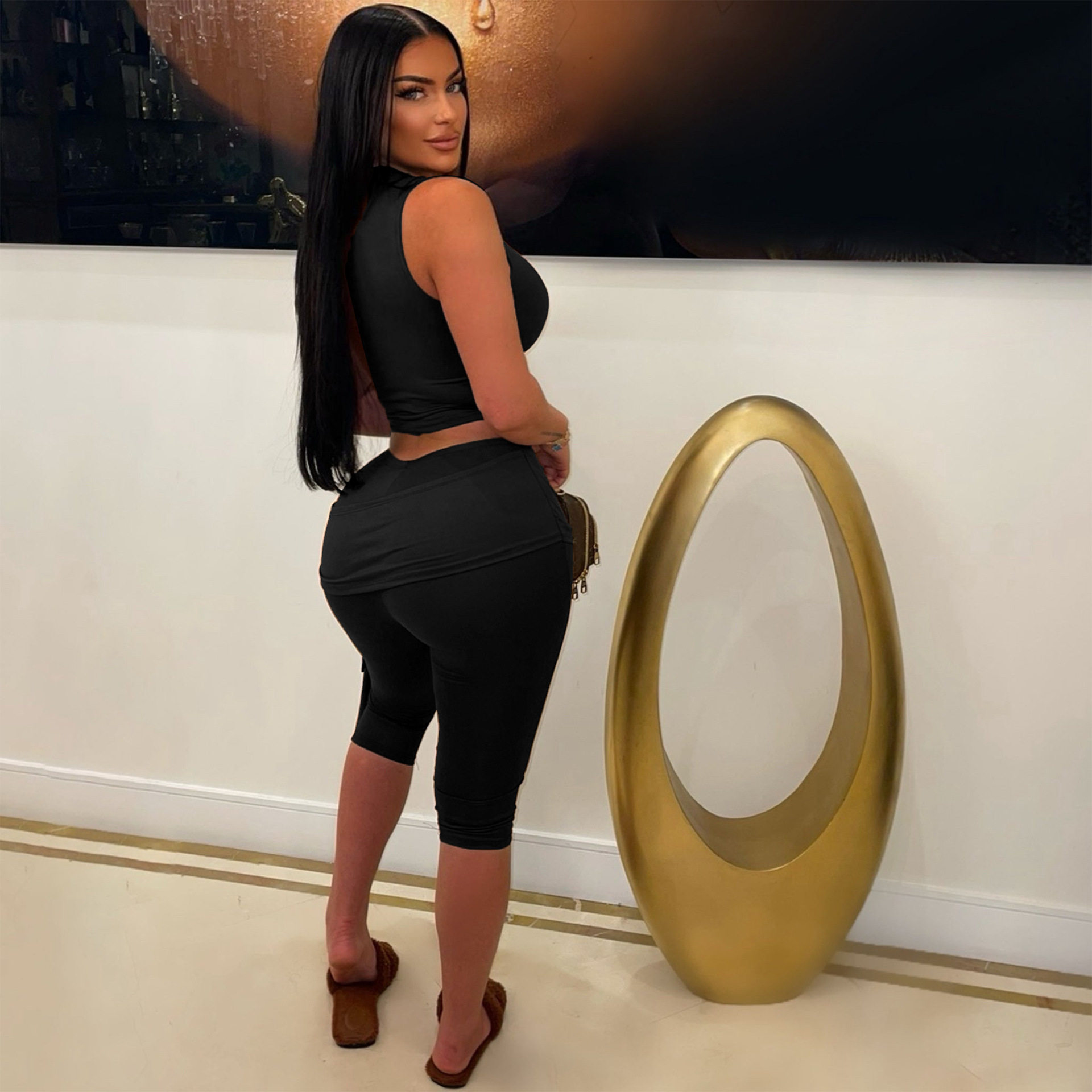 欧美女装2025夏季新款跨境斜肩绑带休闲时尚纯色套装