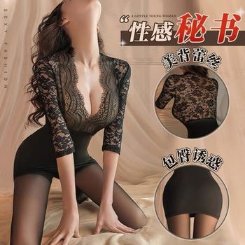 Sexy Lingerie, Tight-Fitting Hip Skirt, Sexy Secretary Uniform, Tempting Deep V Exposed Breasts, Lace See-Through Pure Lust Sexy Clothing