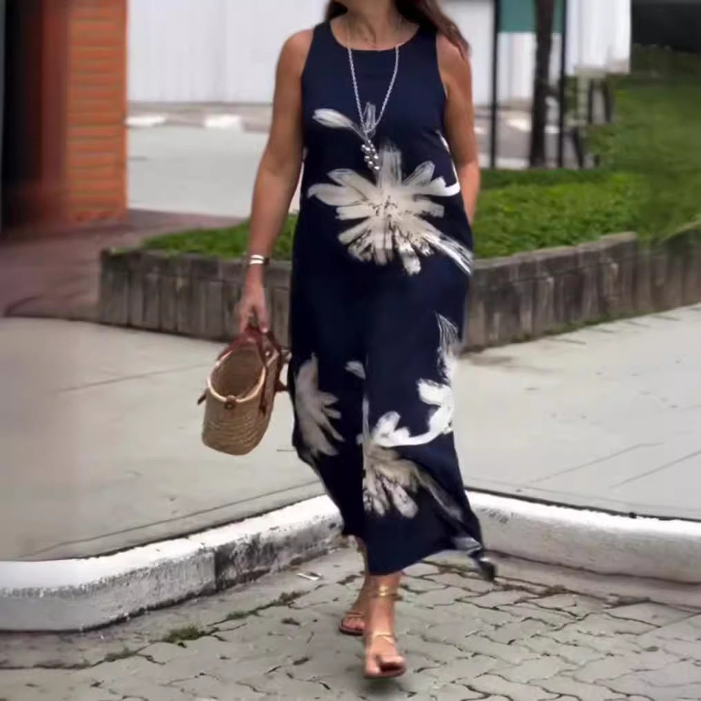 Summer Floral Print Sleeveless Dress for Women Round Neck Pocket Design Casual Style Wholesale Available
