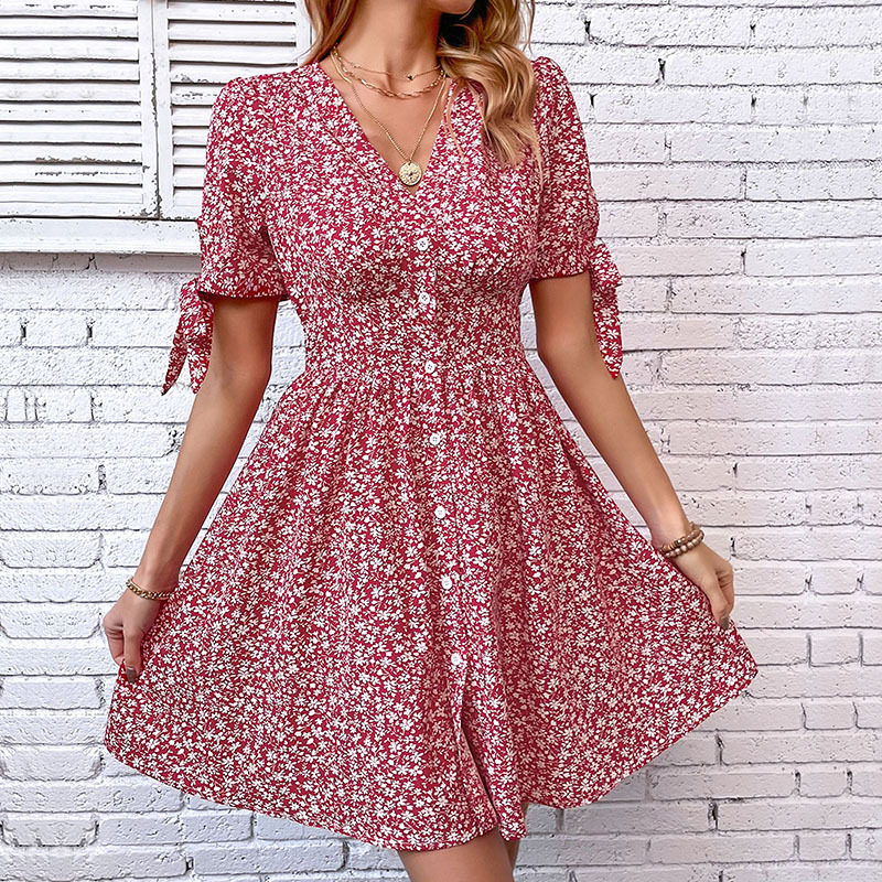 V Neck Floral Print Short Split Dress Summer Style Womens Casual Wear Wholesale Available private label
