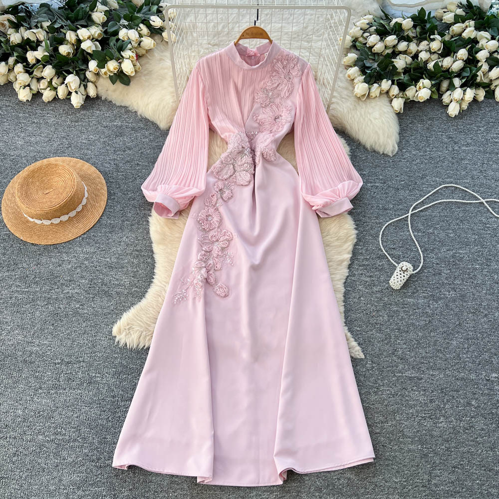 French Style Long Sleeve A Line Dress Embroidered Floral Design High Waist Flared Sleeves Elegant for Parties and