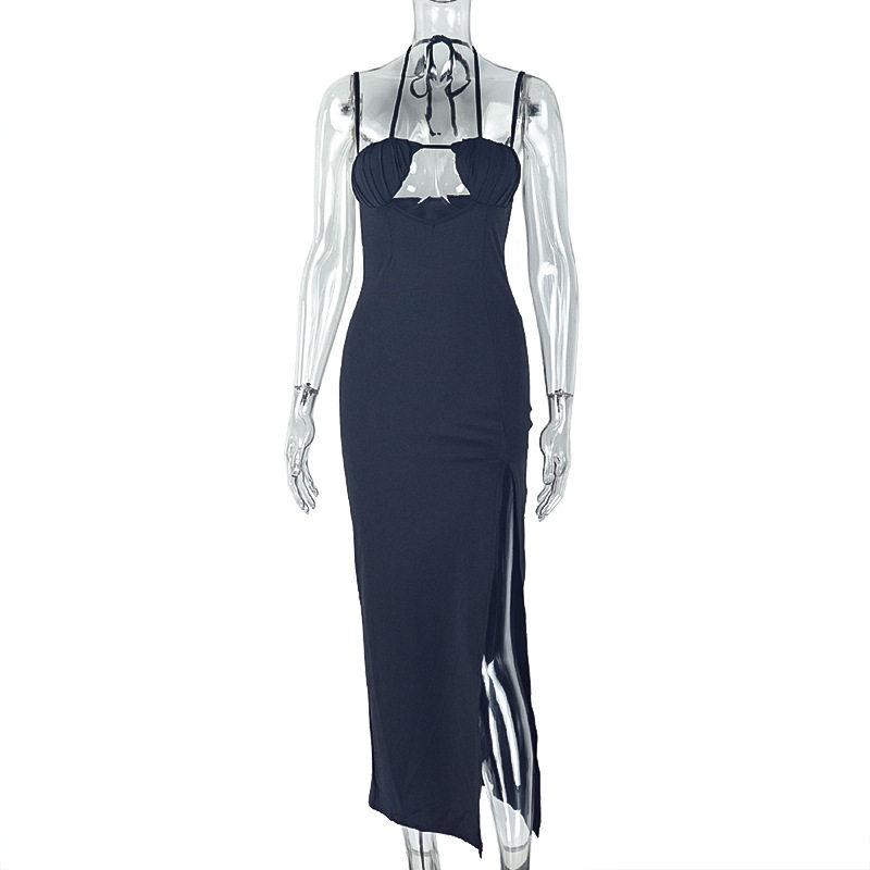 Bodycon Halter Dress Solid Color Asymmetrical Hem High Slit Chic Evening Wear for Women Wholesale Available