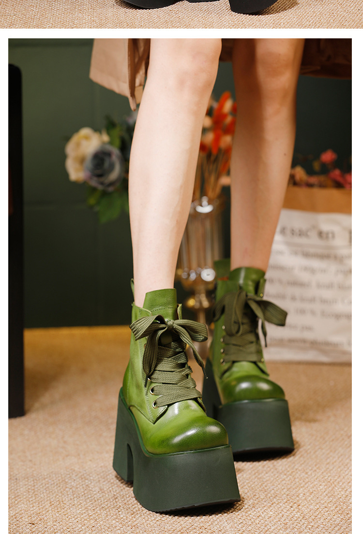 Boot Martin nữ cổ ngắn da bò thật đế dày dây buộc — màu đen, màu xanh lá cây