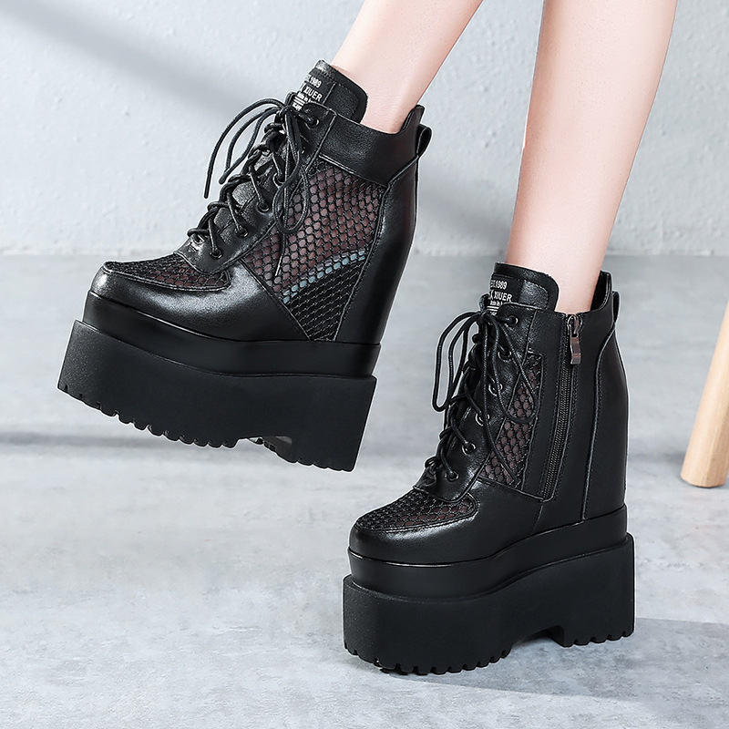 Giày Thể Thao Tăng Chiều Cao Nữ Chất Liệu Da Bò Cao 16cm Lưới Mỏng Tăng Chiều Cao Đế Cao Hàng Mùa Xuân Thu Đông