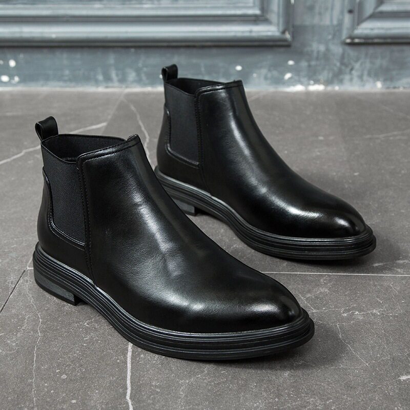 Men’s British Slip On  Pointed Toe Leather Chelsea Boots